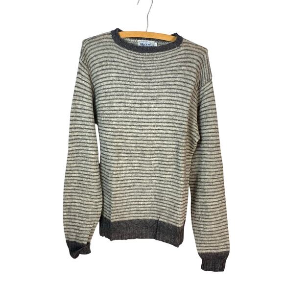 Authentic Crew Alpacana Vintage 80s Grey Striped Alpaca Wool Blend Sweater  Sz L - Picture 1 of 4